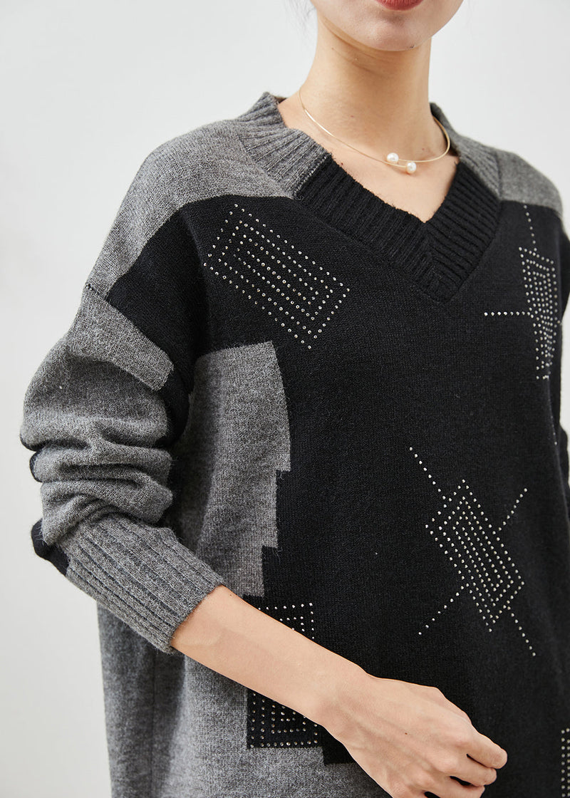 Colorblock V Neck Patchwork Thick Knitted Tops Winter