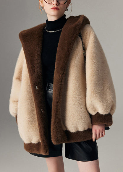 Beige Hooded Pockets Patchwork Mink Hair Coats Winter