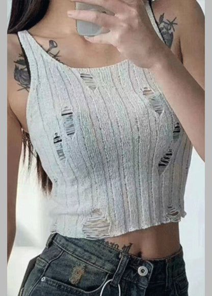 Black U Neck Hole Hollow Out Knit Tanks Sleeveless