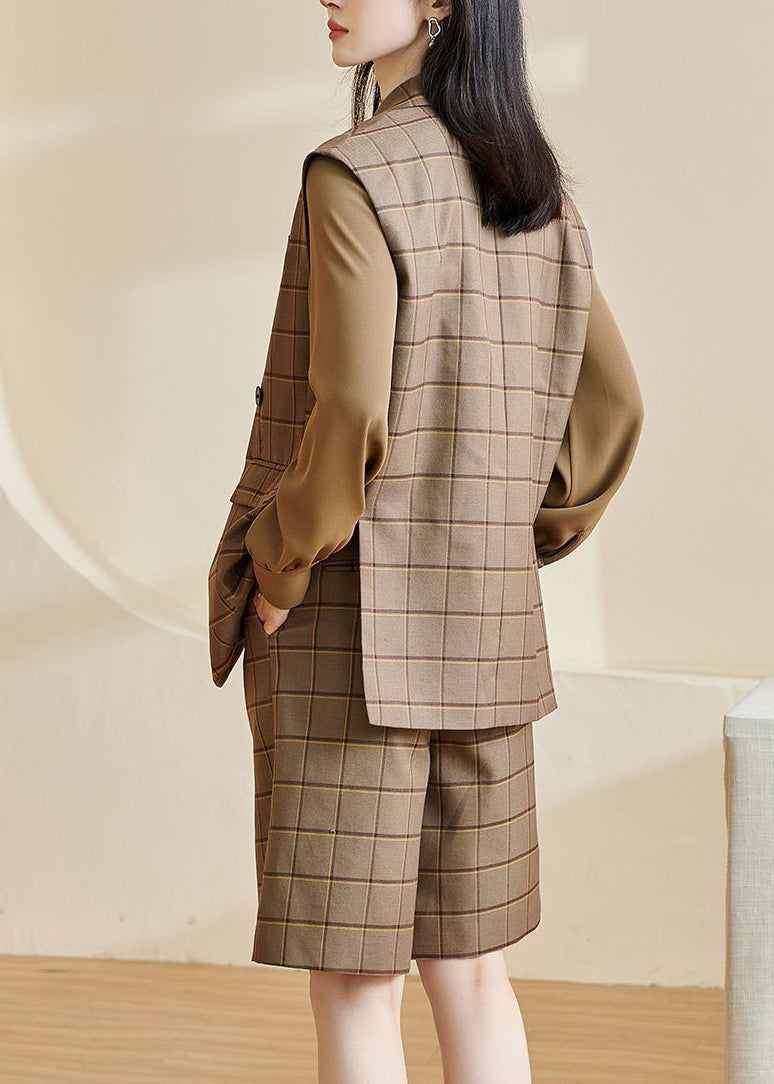Modern Khaki Plaid Side Open Waistcoat and Shorts Two Pieces Set Sleeveless