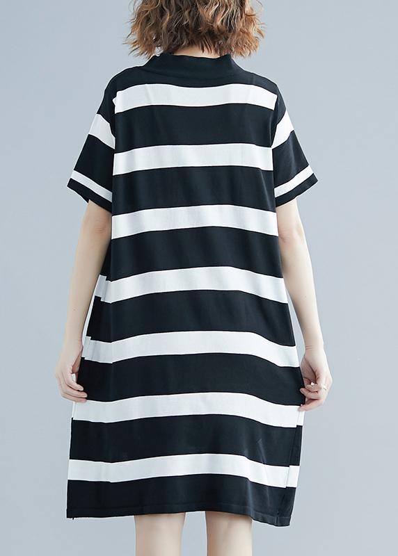 French Black White Wide Striped Cotton Bow Summer Dress
