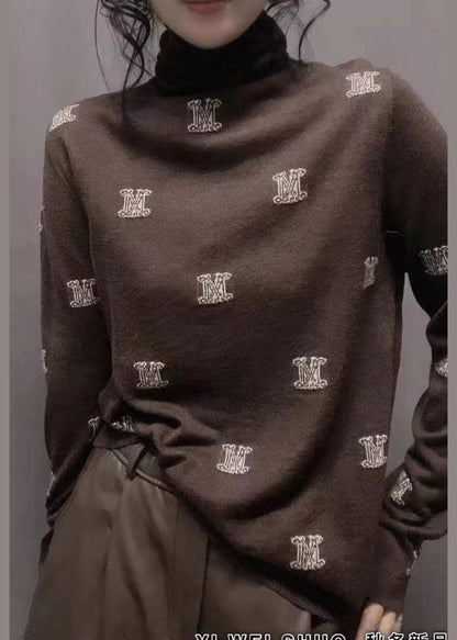Jacquard Black Turtle Neck Knitting Cotton Top Long Sleeve
