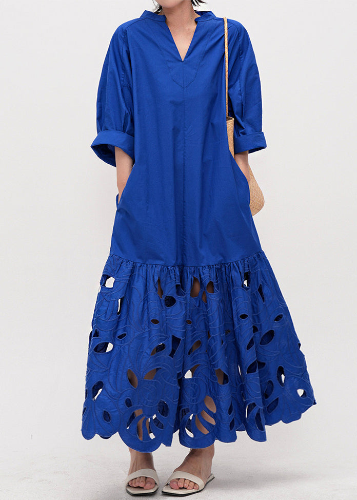 Art Blue Embroidered Hollow Out Cotton Maxi Dress Half Sleeve Fall