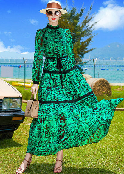 Green Stand Collar Patchwork Print Chiffon Cinch Dresses Spring