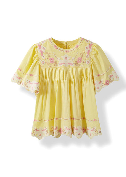 Yellow Embroidered Puff Sleeve Cotton Shirt