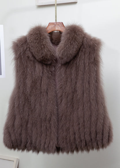 Fine Light Blue Stand Collar Leather and Fur Waistcoat Sleeveless