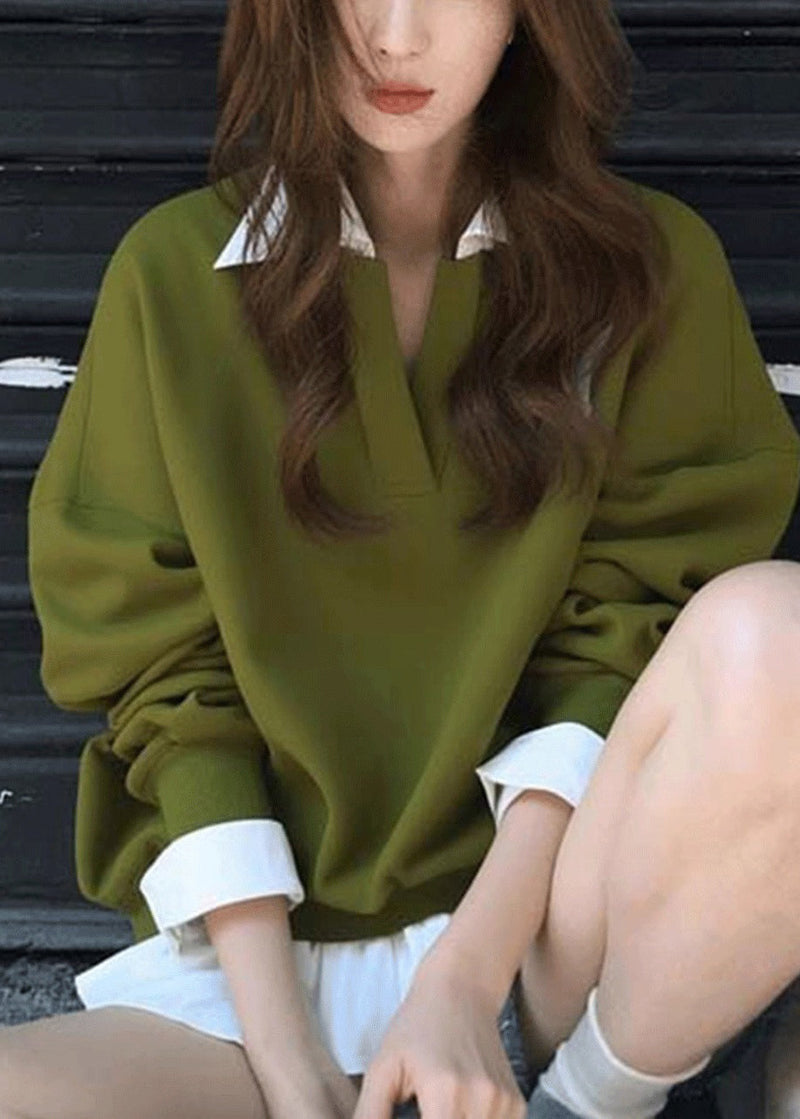 New Green Peter Pan Collar False Two Pieces Patchwork Cotton Fall