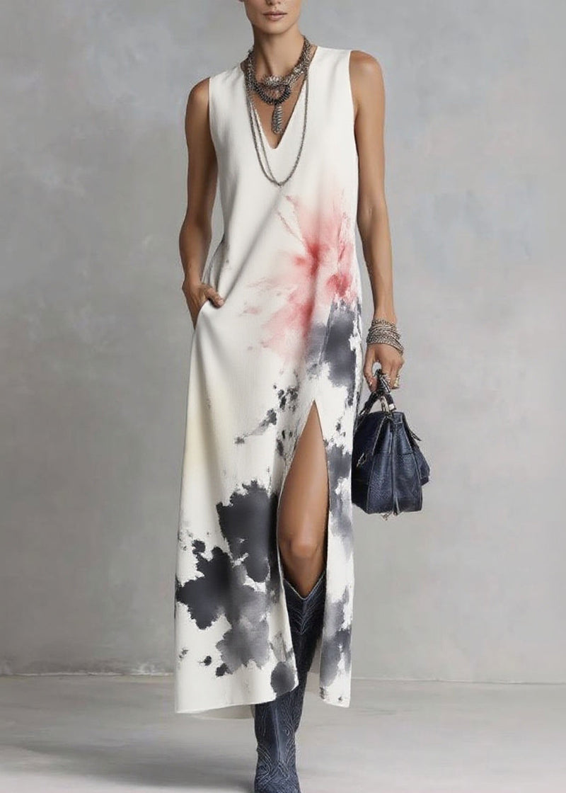 White V Neck Tie Dye Maxi Dresses Sleeveless