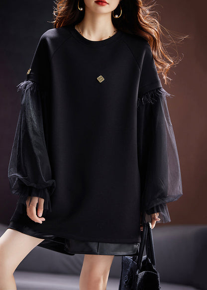 Black O Neck Tulle Patchwork Cotton Sweatshirts Top Fall
