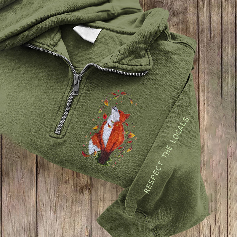 Respect The Locals Fox Embroidered Zip Up Sweatshirt artswardrobe