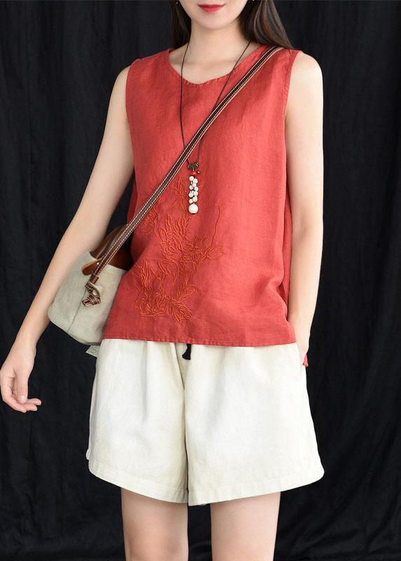 Blue Embroideried Sleeveless Linen Shirt Tops Summer
