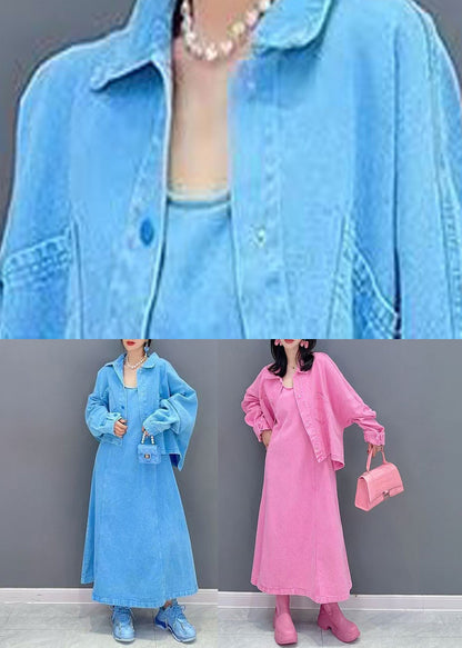 Blue Patchwork Button Coats and Maxi Dresses Two-piece Set Fall