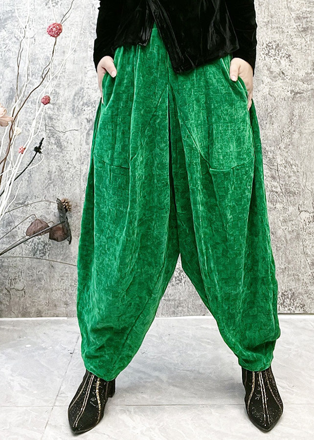 Green Plaid Elastic Waist Velour Lantern Pants Spring