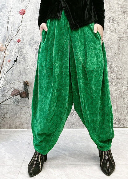 Green Plaid Elastic Waist Velour Lantern Pants Spring