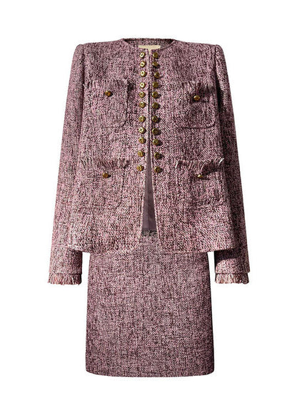 Boutique Light Purple O-neck Tassel Button Cotton Coats and Skirts Two-piece Set Fall