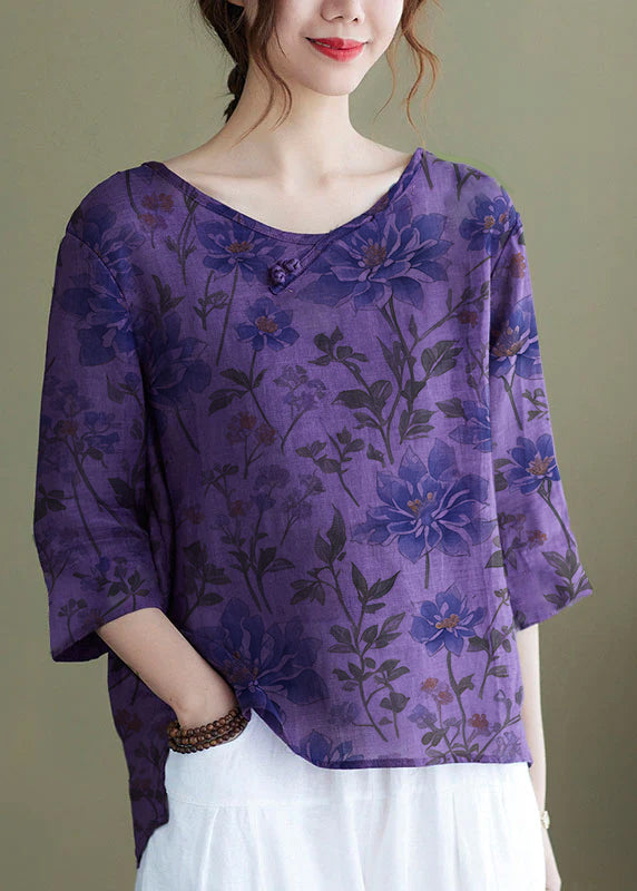 Diy Pink Flower Embroidered Side Open Half Sleeve Top