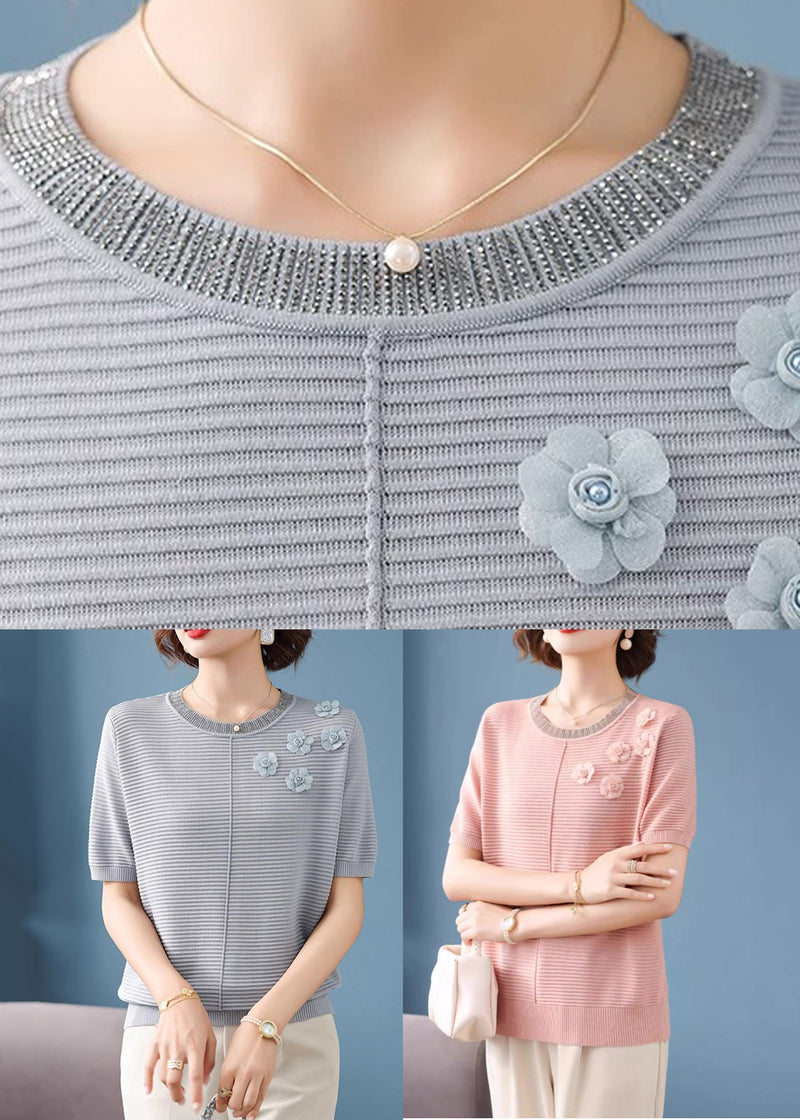 French Grey Striped Ice Silk Top Short Sleeve