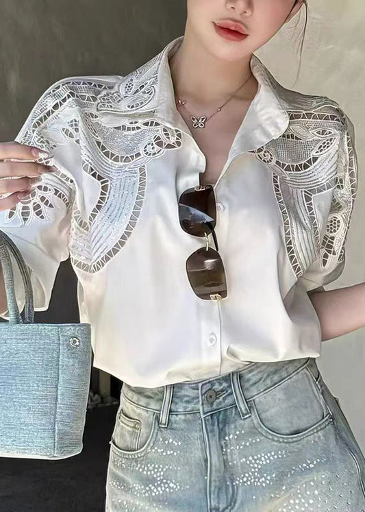 White Peter Pan Collar Hollow Out Cotton Blouses Fall