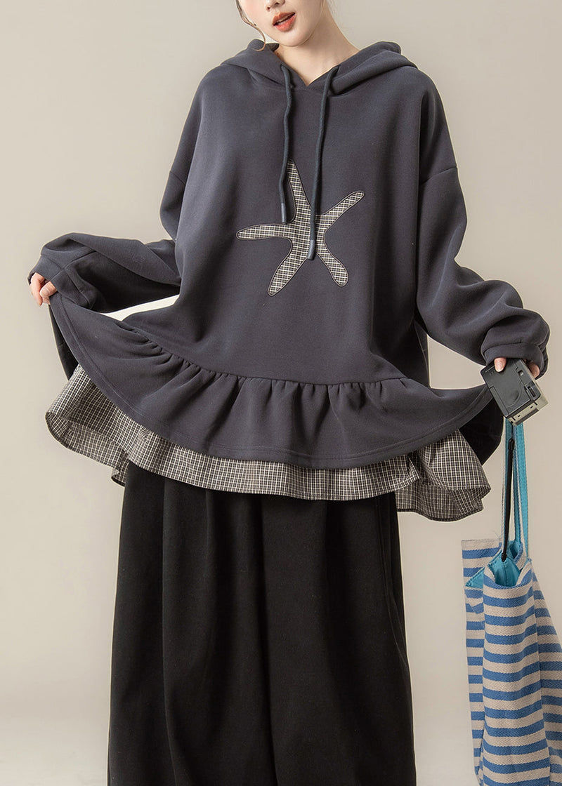 Dark Grey False Two Pieces Patchwork Hooded Cotton Sweatshirts Spring