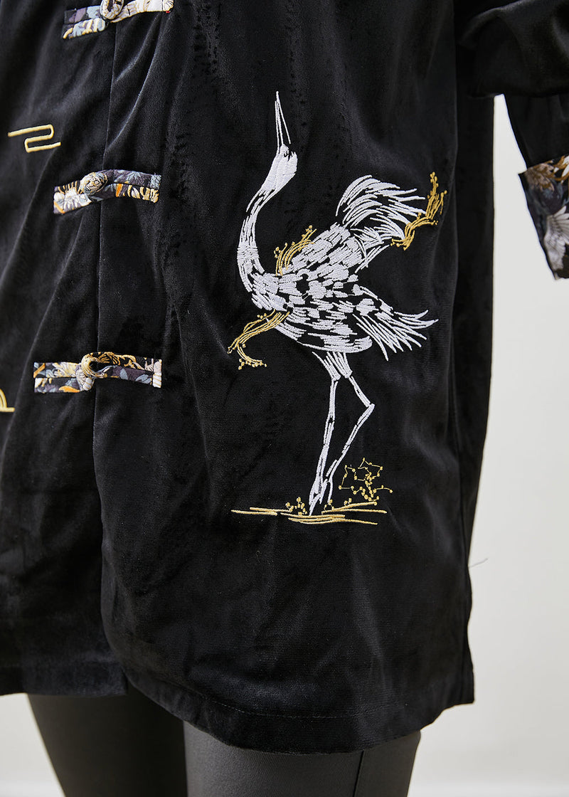 Black Embroideried Chinese Button Silk Velour Jackets Fall