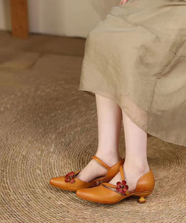 Yellow Sandals Kitten Cowhide Leather Simple Splicing