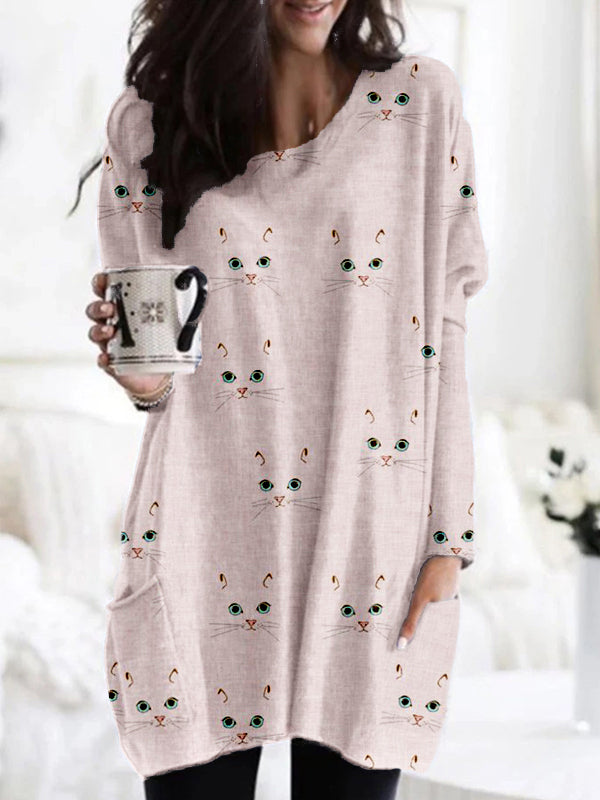 Comstylish Cute Cat Face Pattern Patch Pocket Comfy Tunic