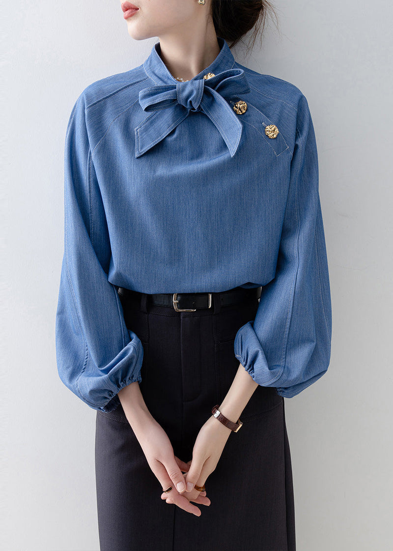 Denim Blue Stand Collar Bow Blouses Spring