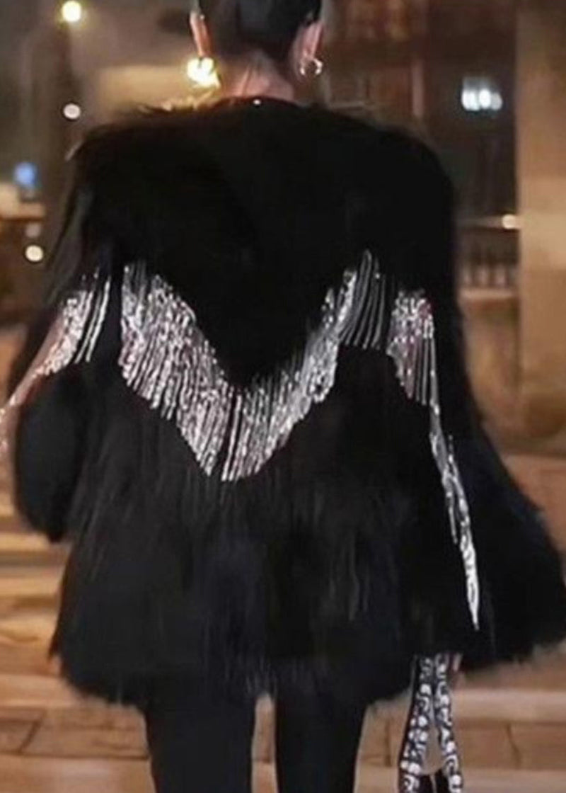 Black V Neck Tassel Patchwork Coats Winter
