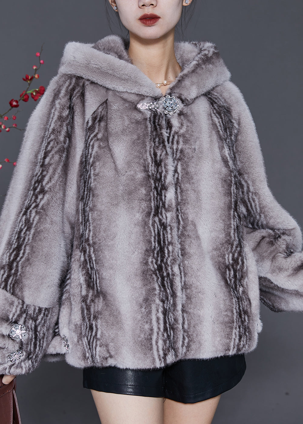Grey Hooded Pockets Mink Velvet Coats Winter