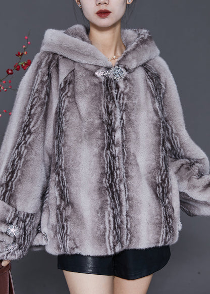 Grey Hooded Pockets Mink Velvet Coats Winter