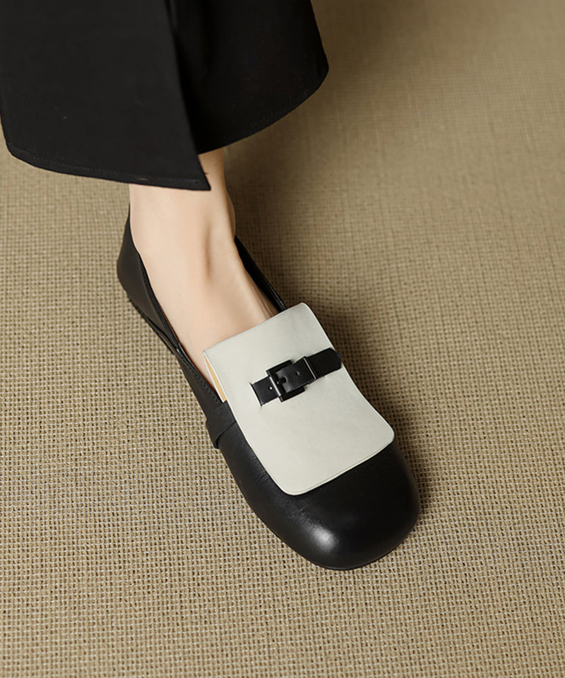 Beige Cowhide Leather Splicing Loafers for