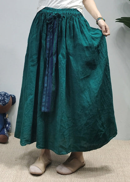 Blackish Green Pocket Linen Shirt Top a Line Skirt Two Piece Set Elastic Waist Long Sleeve