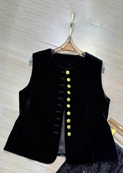 Black O-neck Button Silk Velour Waistcoat Sleeveless
