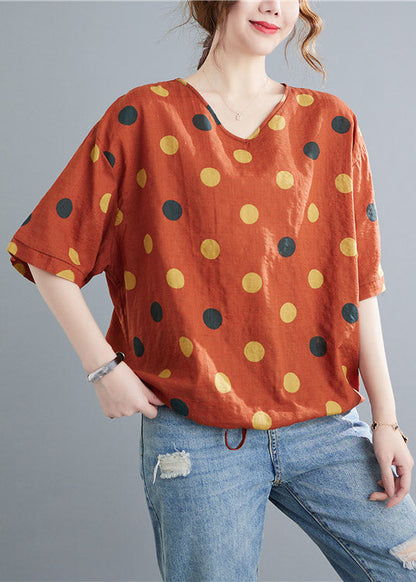 Orange V Neck Dot Drawstring Linen Tops Half Sleeve