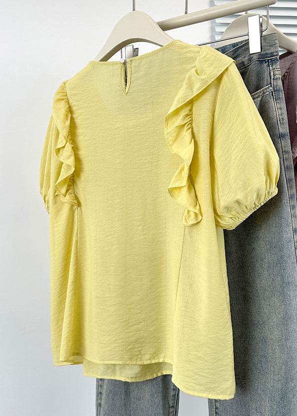 Yellow Ruffled Button Cotton Shirts O Neck