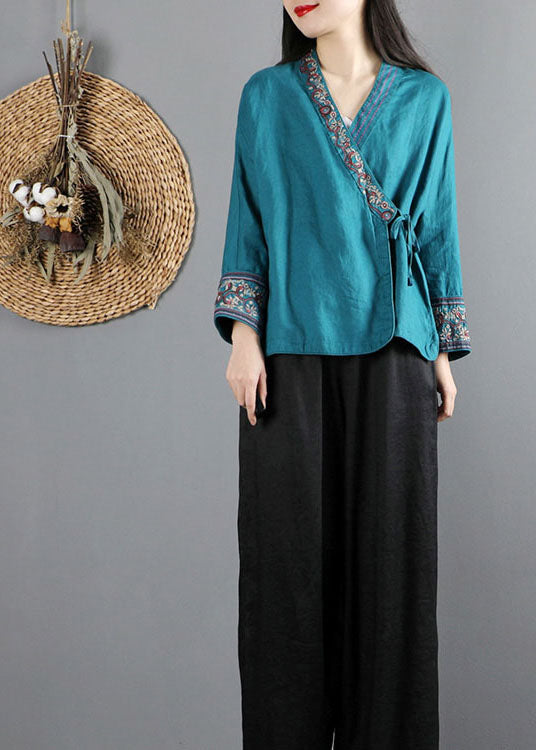 Blue Cinched Embroideried Tops Spring