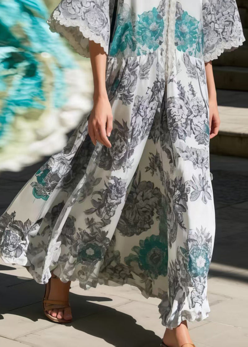 Fitted Grey Oversized Print Silk Robe Dresses Flare Sleeve Summer