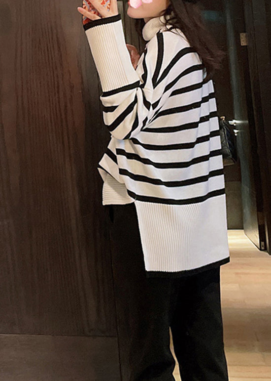Black Hign Neck Striped Versatile Knitted Sweaters Winter