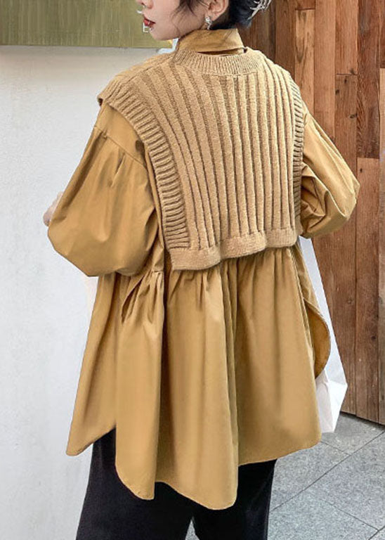 Simple Khaki Peter Pan Collar Cinched Shirt Knit Vest Two Pieces Set Spring