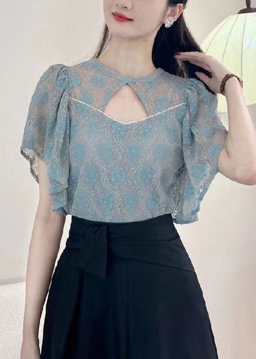 Blue Button Blouses O-neck Short Sleeve
