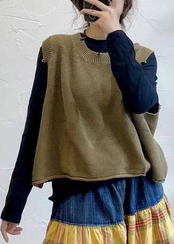 Army Green O-neck Hole Knit Vest Spring