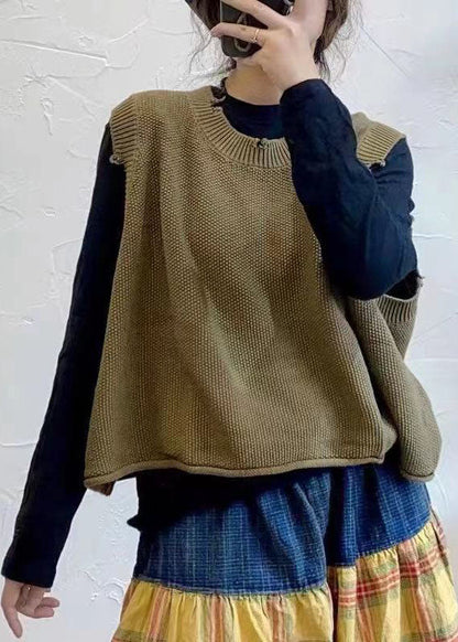 Army Green O-neck Hole Knit Vest Spring