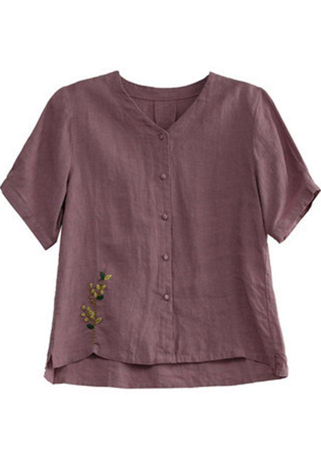 Loose Pink V Neck Embroideried Summer Cotton Blend Shirt