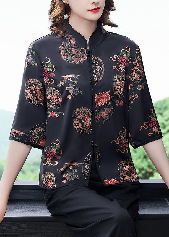 Black Mandarin Collar Button Print Silk Shirt Tops Half Sleeve