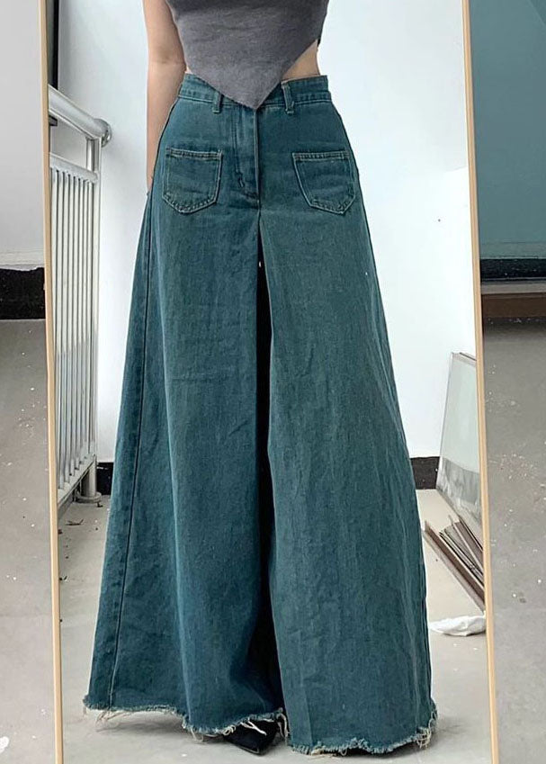 Blue Pockets Draping Wide Leg Jeans Spring