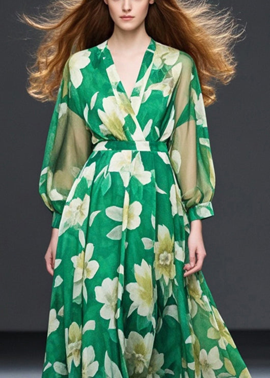 Grass Green Cinched Chiffon Maxi Dresses Fall