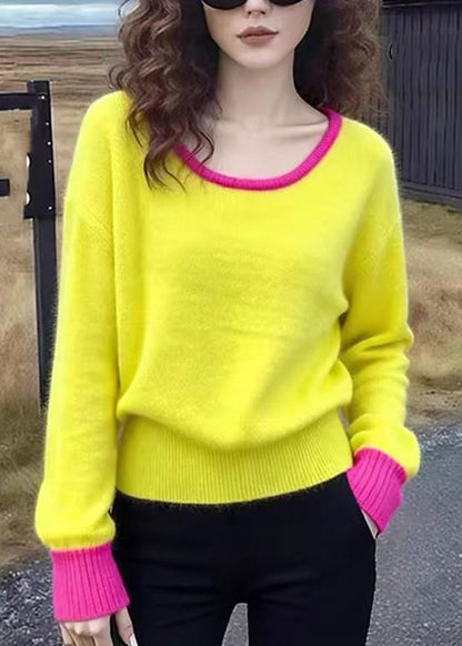 Yellow O-neck Patchwork Cotton Knit Sweater Spring