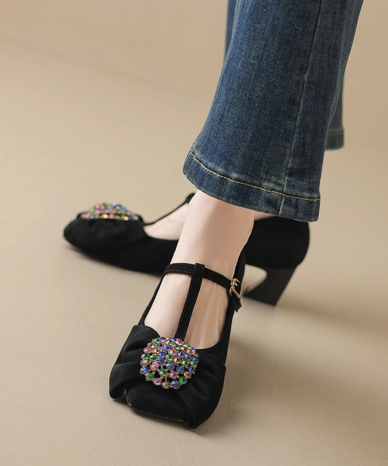 Purple Buckle Strap Chunky Suede Bow Zircon Splicing High Heels