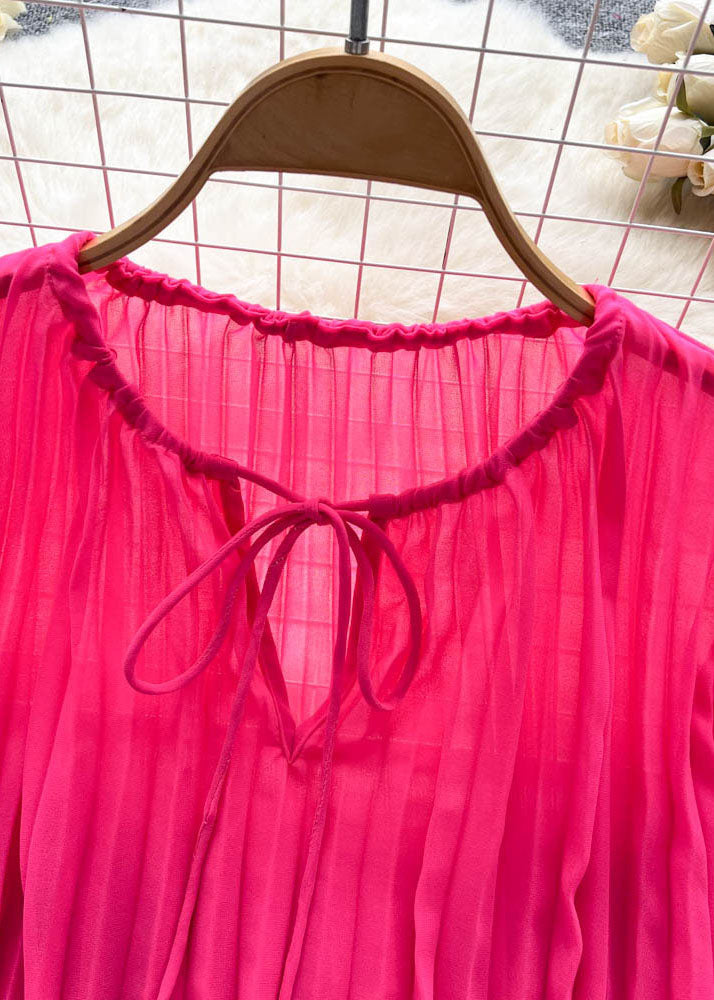 Rose O Neck Wrinkled Patchwork Chiffon Blouse Tops Summer