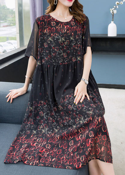 Black O Neck Print Wrinkled Patchwork Chiffon Dress Summer